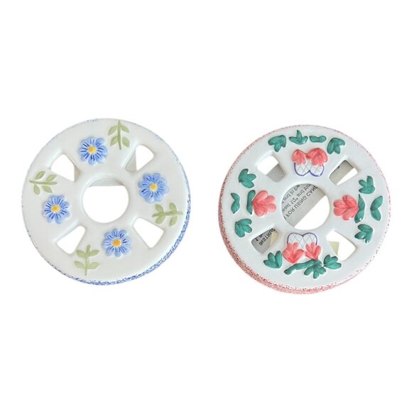 Candle Crown Decorative Ceramic Lids Set Of 2 With Hand-Painted Floral Designs - Picture 1 of 7